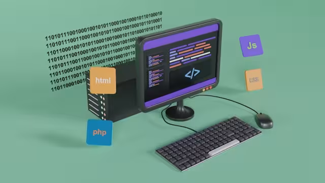 Un ordinateur de bureau affichant du code, entouré d'icônes HTML, PHP, JS et CSS